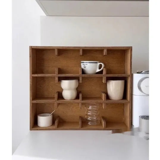 Square solid wood cup storage rack with multiple grid compartments in birch wood meridian colour
