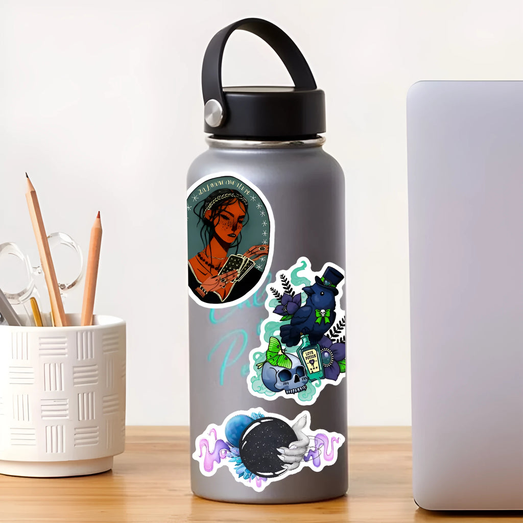 Assortment of 50 colourful waterproof PVC stickers for laptops and skateboards on a white background.