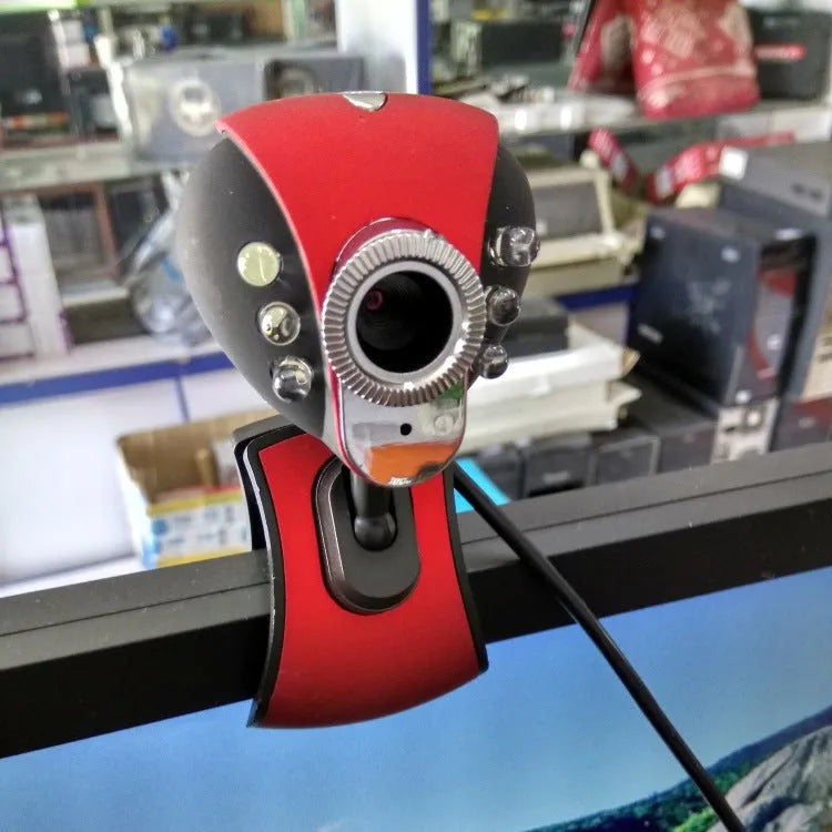 Red and black USB computer camera with CMOS sensor and adjustable lens