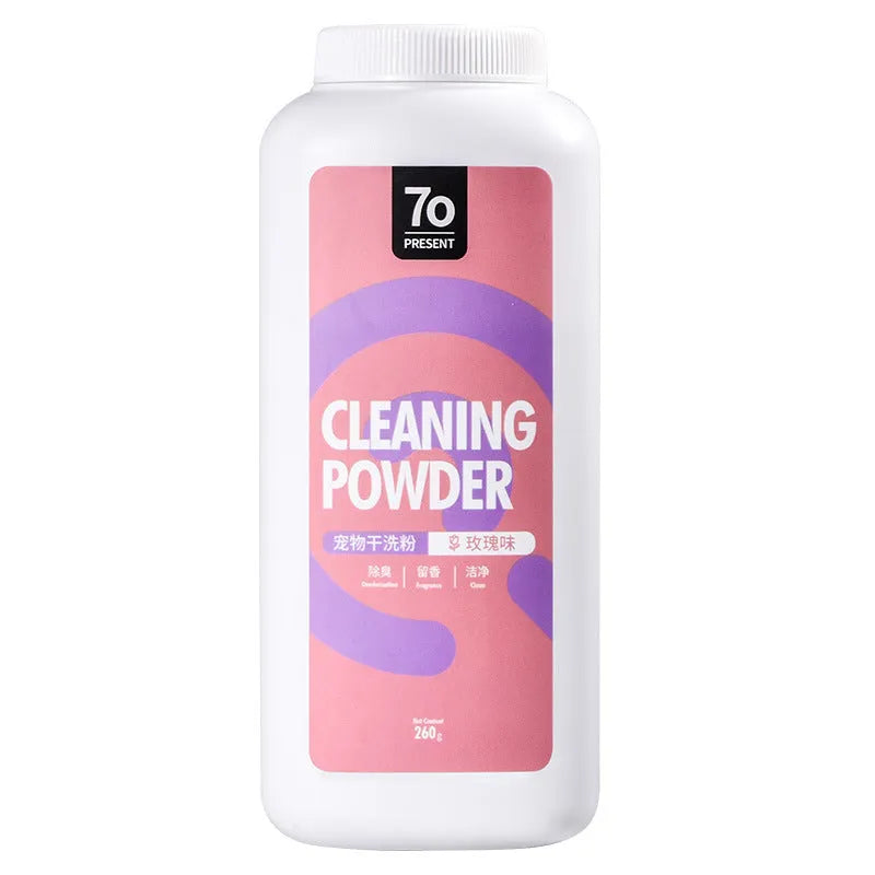 Tub of dog dry cleaning powder waterless shampoo, 260g with deodorant, shown with rose, orange, and menthol scent options.