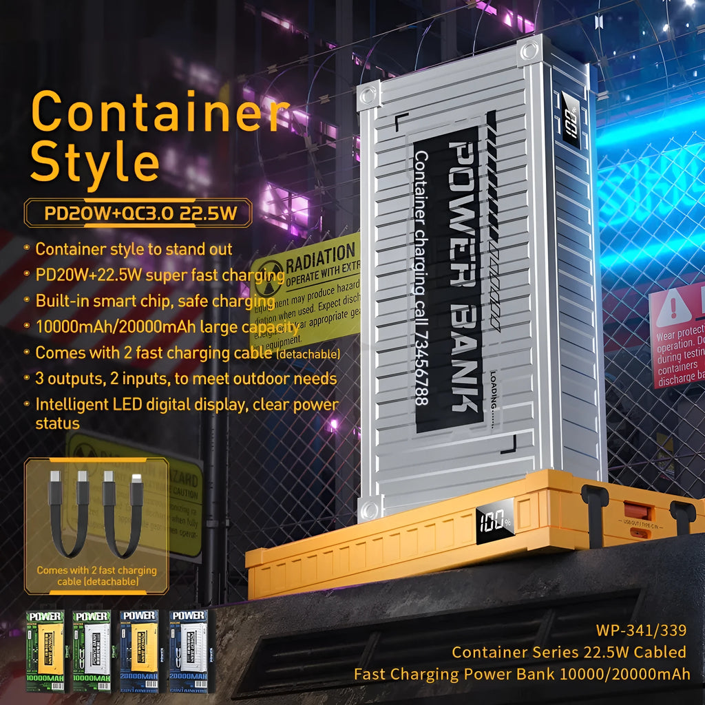Cable container power bank in silver or yellow, 10000mAh and 20000mAh options, ABS+PC shell