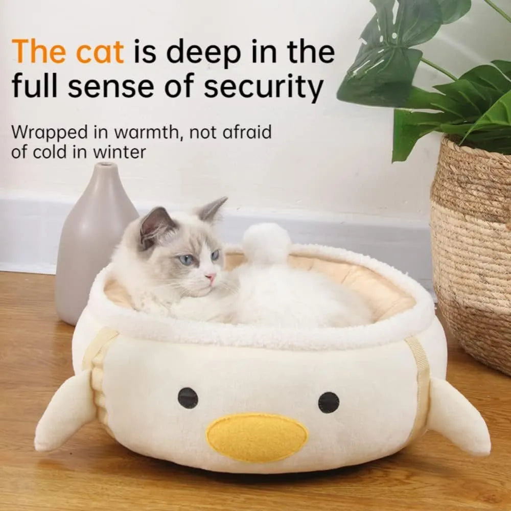 Green chick-shaped cat bed shown both flat and hanging as a hammock for a small cat