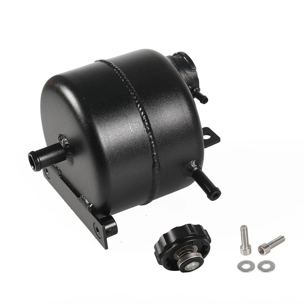Polished aluminum alloy coolant tank direct replacement for BMW Mini, black colour option, in engine bay