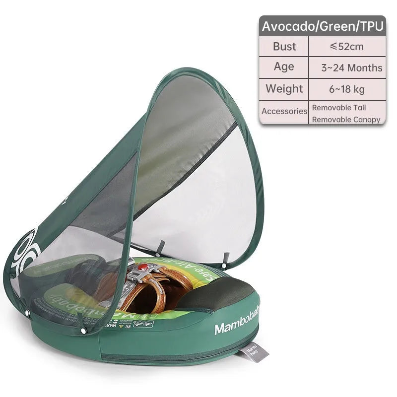Avocado green dinosaur baby swimming ring with sun shade for infants 3-24 months