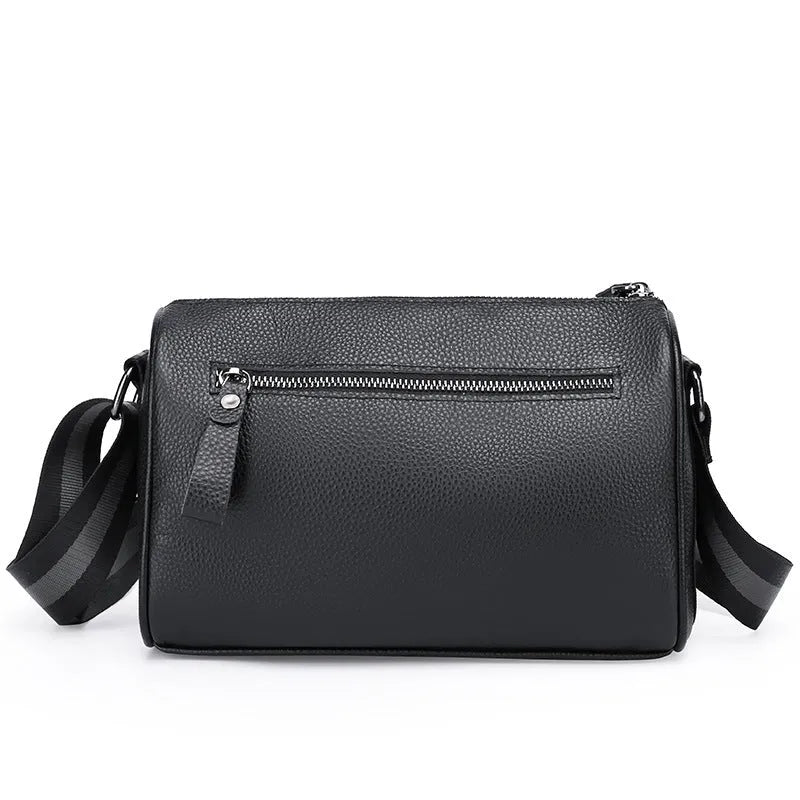 Black genuine leather one-shoulder crossbody bag with adjustable strap