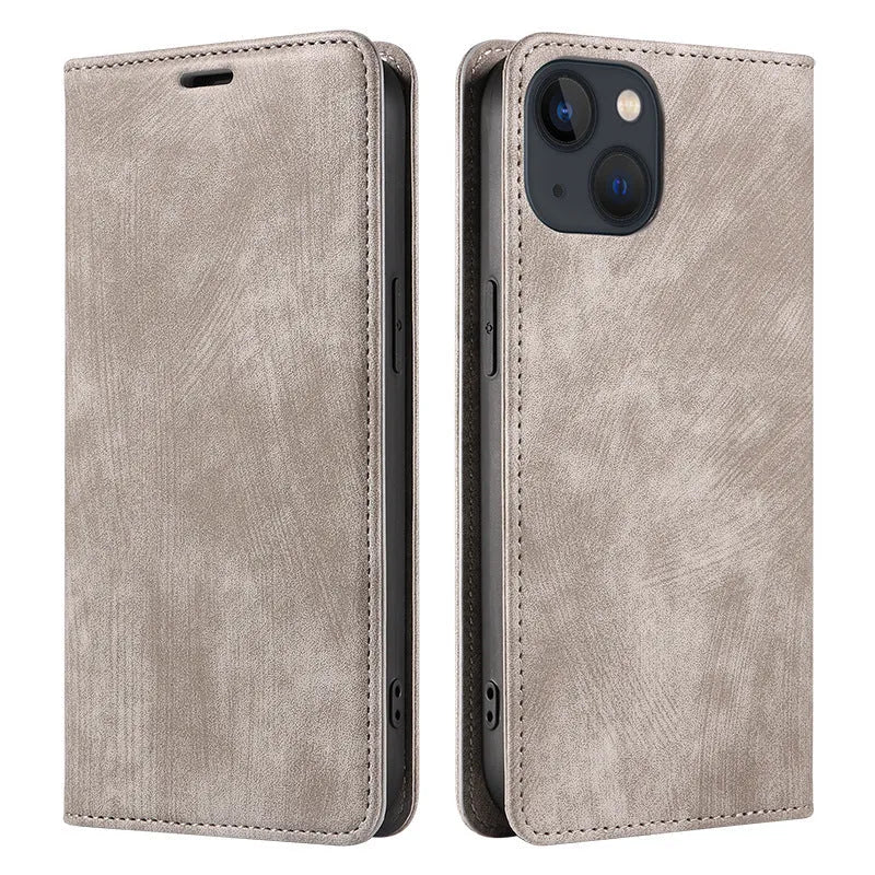 Magnetic flip leather phone case for iPhone shown closed and open, revealing card slots and phone.