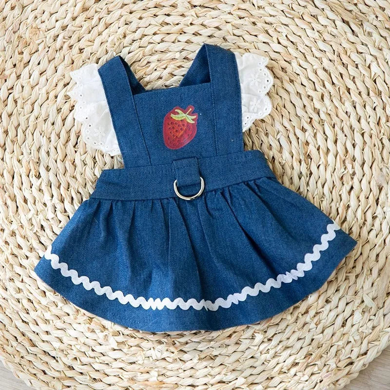 Bondi Blue strawberry print denim skirt dog clothes with traction appliqué for small dogs