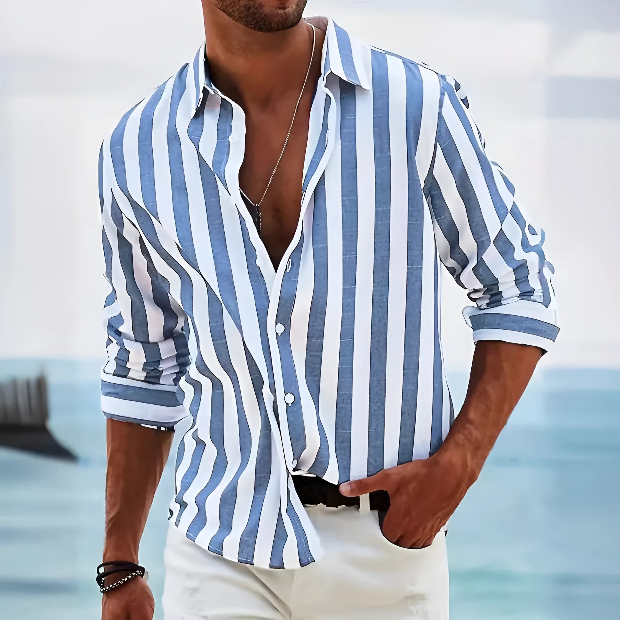 Men's yarn-dyed striped casual shirt with loose fit cardigan style in polyester fabric