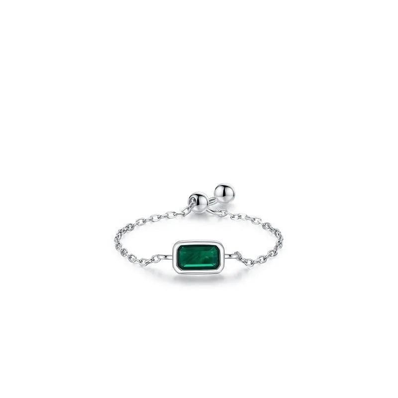 S925 sterling silver inlaid zircon ring with geometric chamfered square pattern and adjustable opening