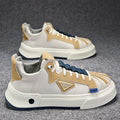 Men's beige low-top sneakers with elastic band and microfiber upper on a white background