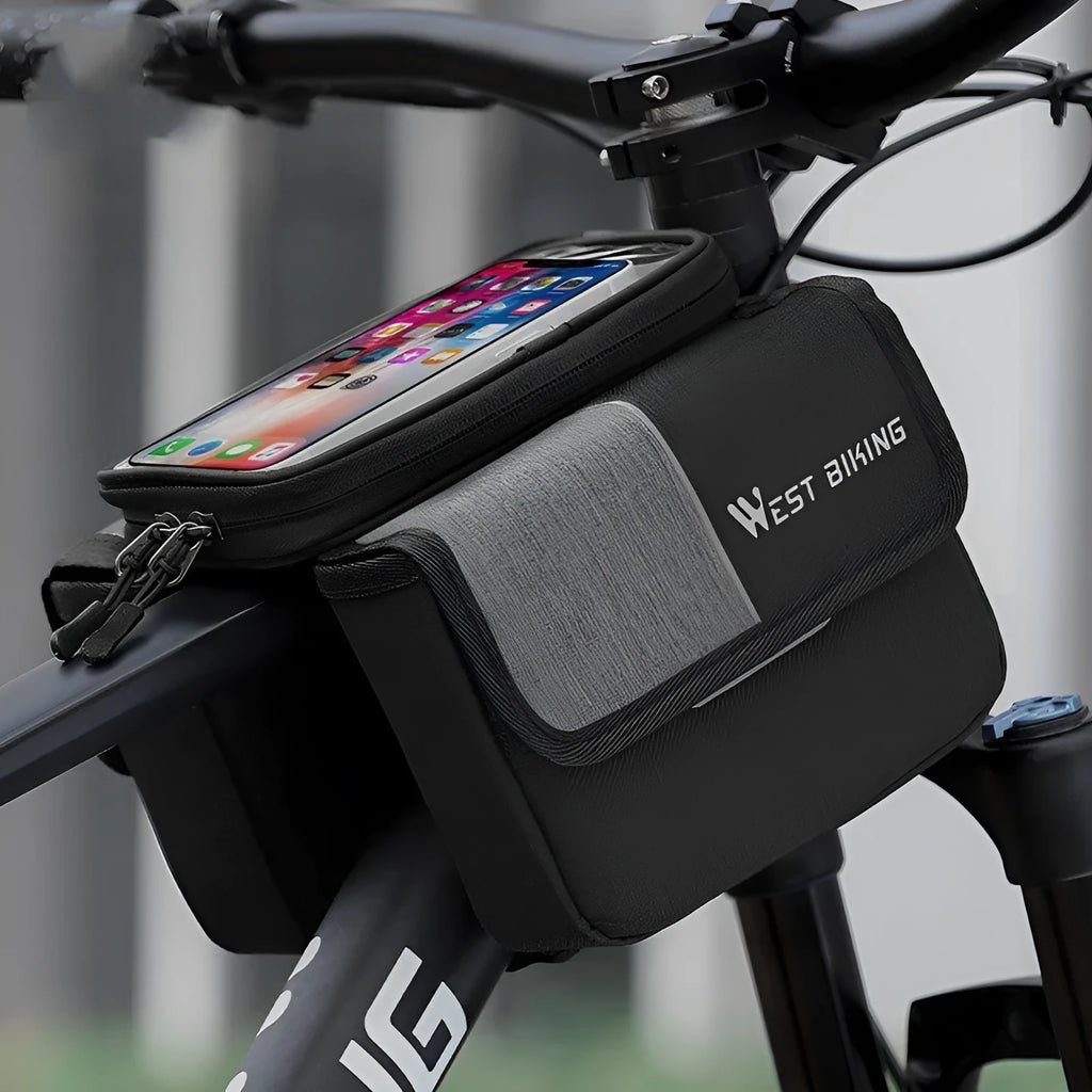 Black and grey Oxford cloth bicycle saddle bag with two separate storage tubes mounted under a bike seat.