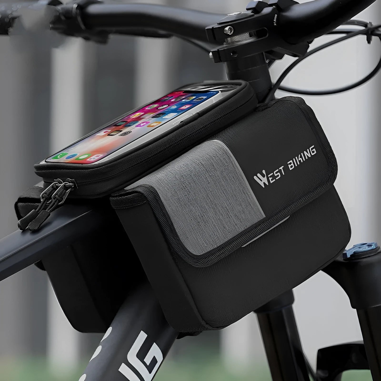 Black and grey Oxford cloth bicycle saddle bag with two separate storage tubes mounted under a bike seat.