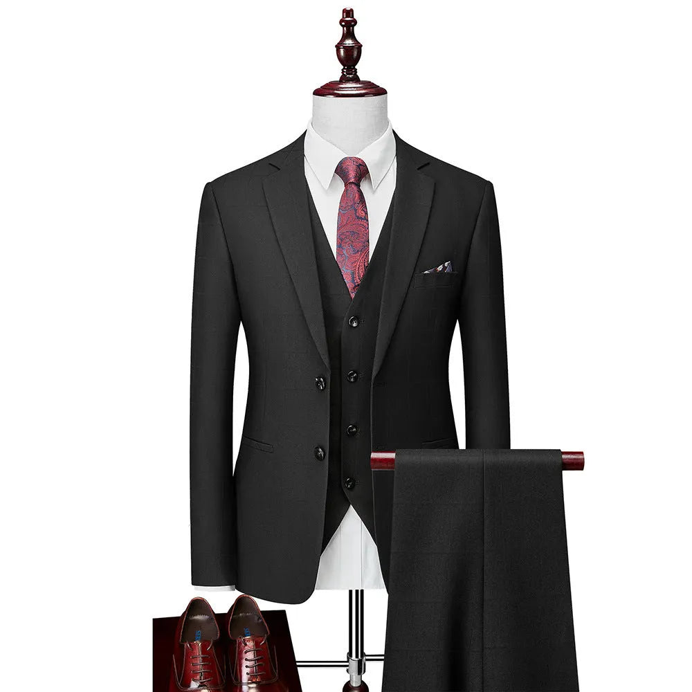Men's navy blue plaid slim fit three-piece suit with jacket, trousers and waistcoat
