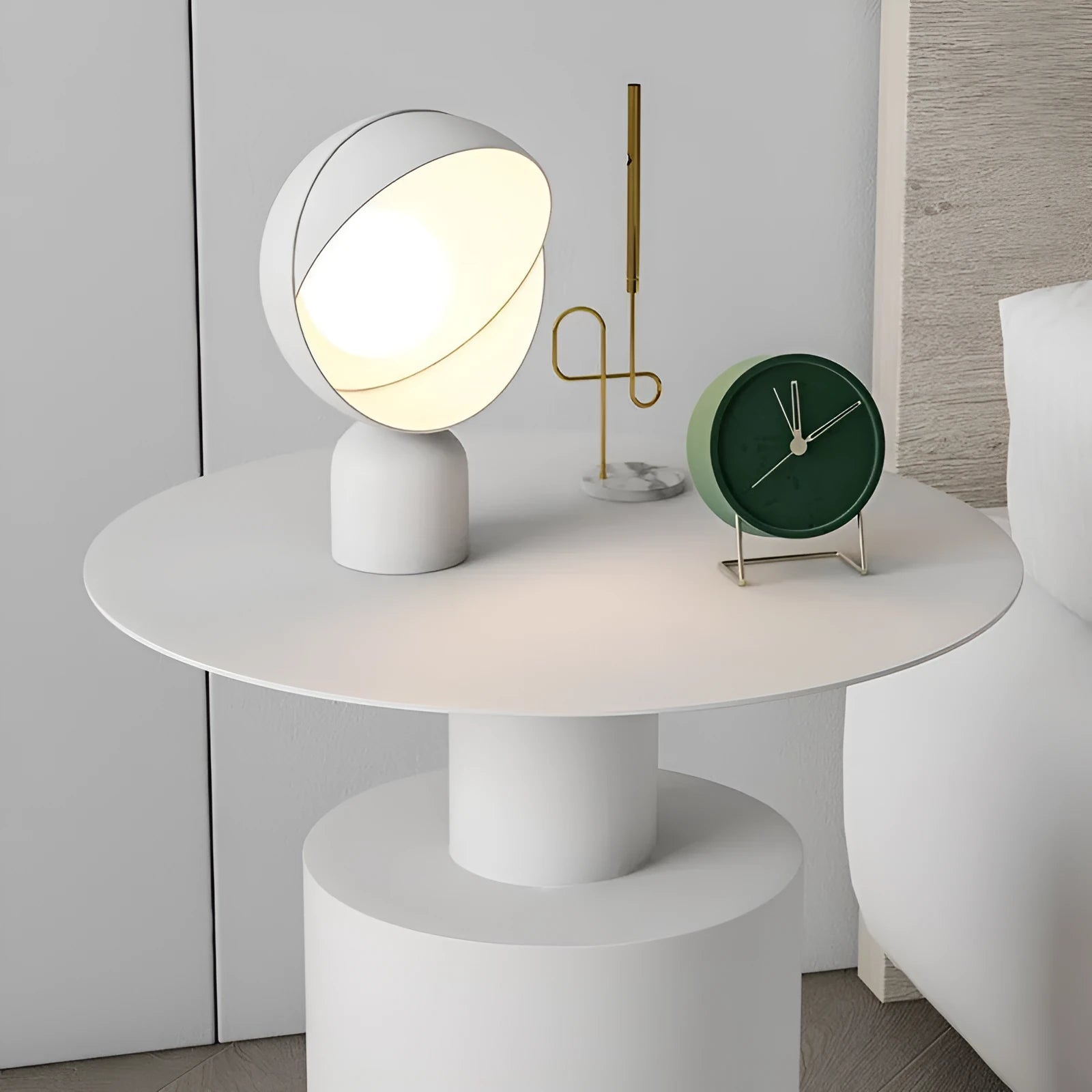 Nordic round metal bedside table in beige finish with simple modern design