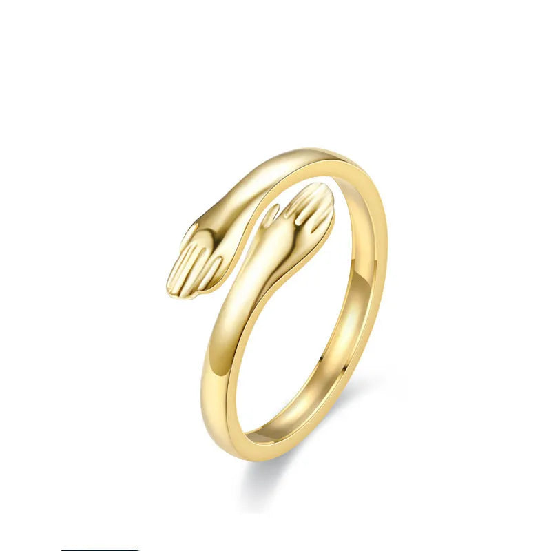 Geometric titanium steel ring with stamping finish in silver colour on a neutral background