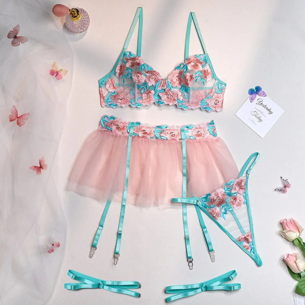 Pink embroidered mesh women's pettiskirt suit with matching bikini set on size chart