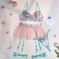 Pink embroidered mesh women's pettiskirt suit with matching bikini set on size chart