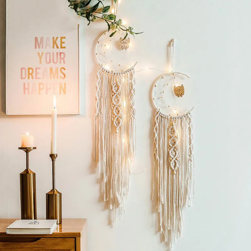 Handmade woven dreamcatcher hanging lamp with light 90cm long cotton thread