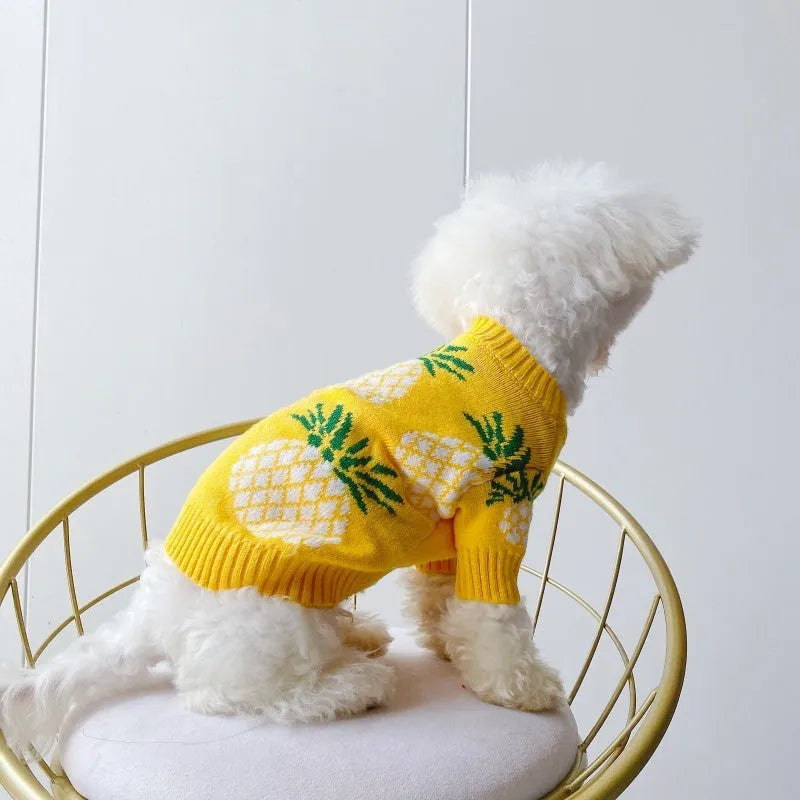 Yellow pineapple print wool pet jumper for dogs and cats, sizes S to XXL, autumn winter Christmas pet clothes