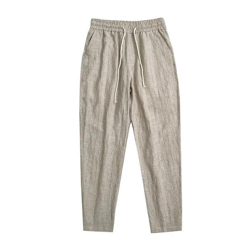 Men's striped linen-cotton casual trousers in a cropped summer length