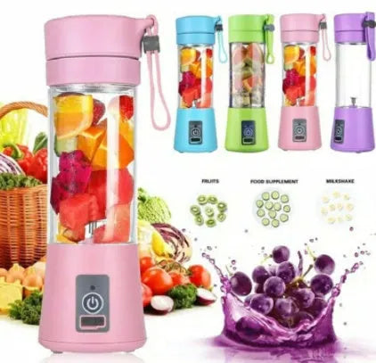 Pink portable USB rechargeable blender with six blades and a 380ml transparent cup on a table.