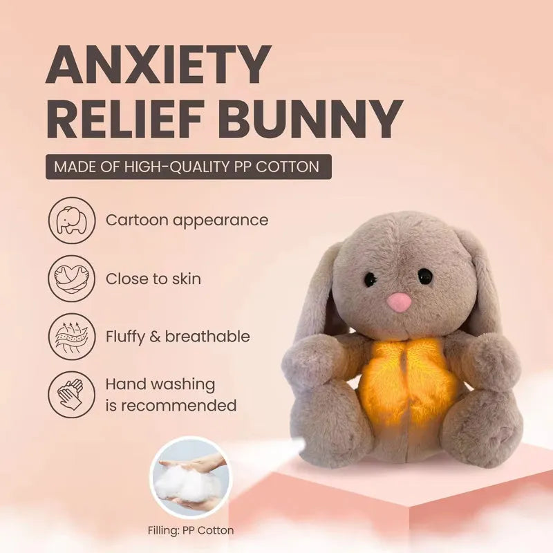 Breathing rabbit plush toy with moving belly showing rhythmic breathing motion for baby comfort