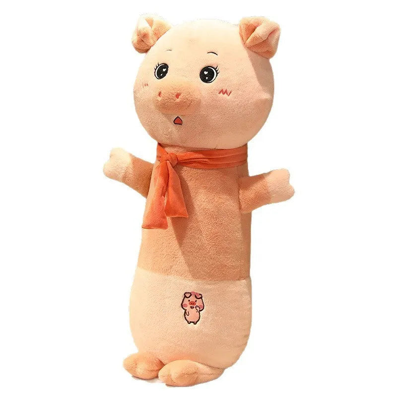 Cartoon animal long plush pillow in pig shape with embroidered face, 60cm length on sofa
