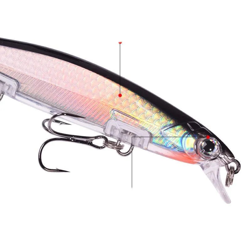 Tossing Submerged Suspended Mino Lure fishing bait showing 11cm length and colour options