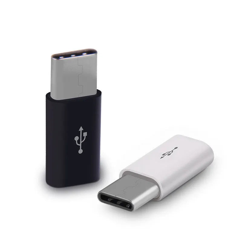 Micro USB to USB C adapter in black, compact size, with micro USB male and USB C female ends