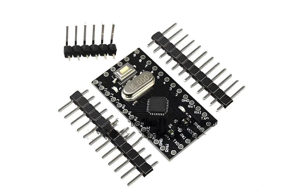 Mini Pro ATmega328P microcontroller circuit board with pin headers and compact 33.3x18.0mm dimensions
