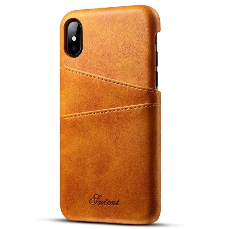 Slim black PU leather wallet phone case showing two credit card slots on the back.