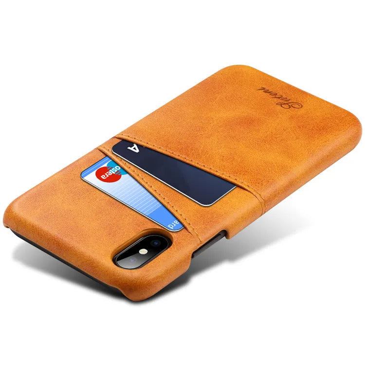 Slim black PU leather wallet phone case showing two credit card slots on the back.