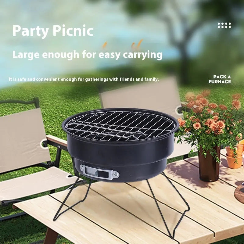 Small round folding charcoal barbecue grill stove with detachable leg and mesh, packed in a carry bag.