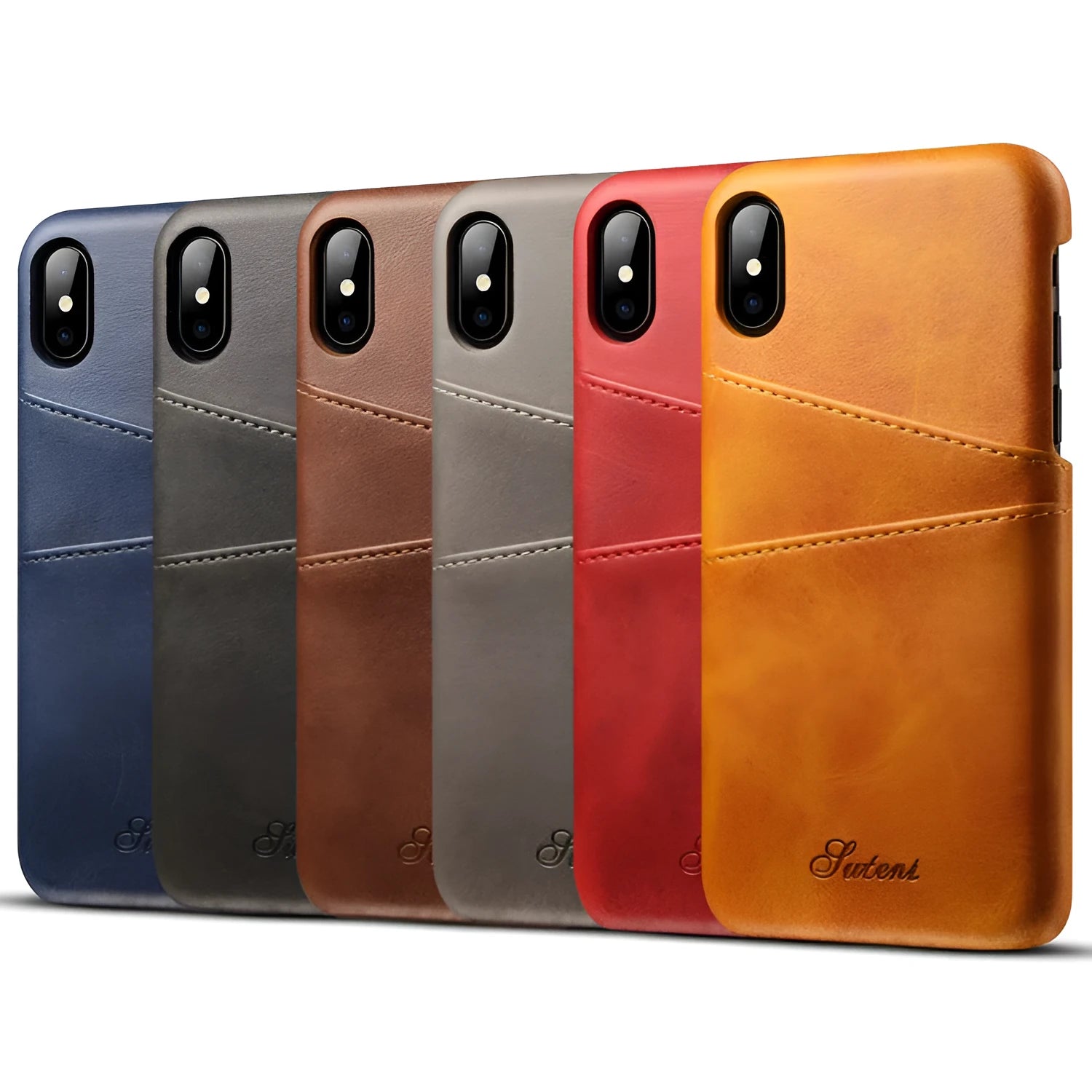 Slim black PU leather wallet phone case showing two credit card slots on the back.