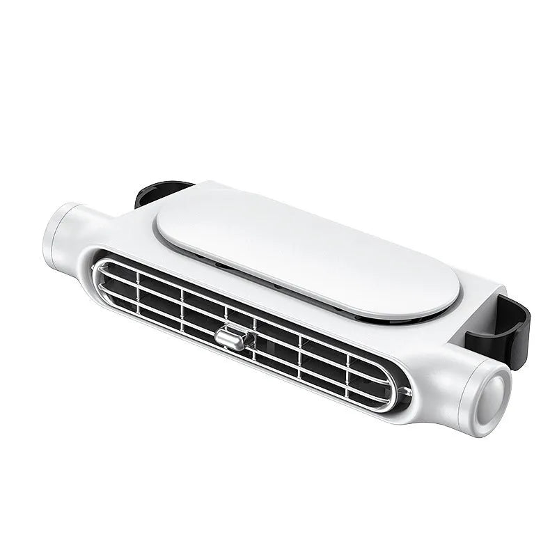A compact, bladeless USB car fan with a Velcro strip, shown in beige, mounted on a car dashboard.