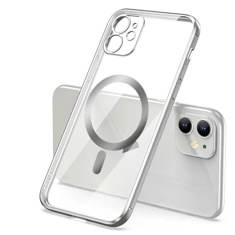 Electroplated magnetic suction mobile phone case for iPhone in silver, blue, black, gold and purple colours.