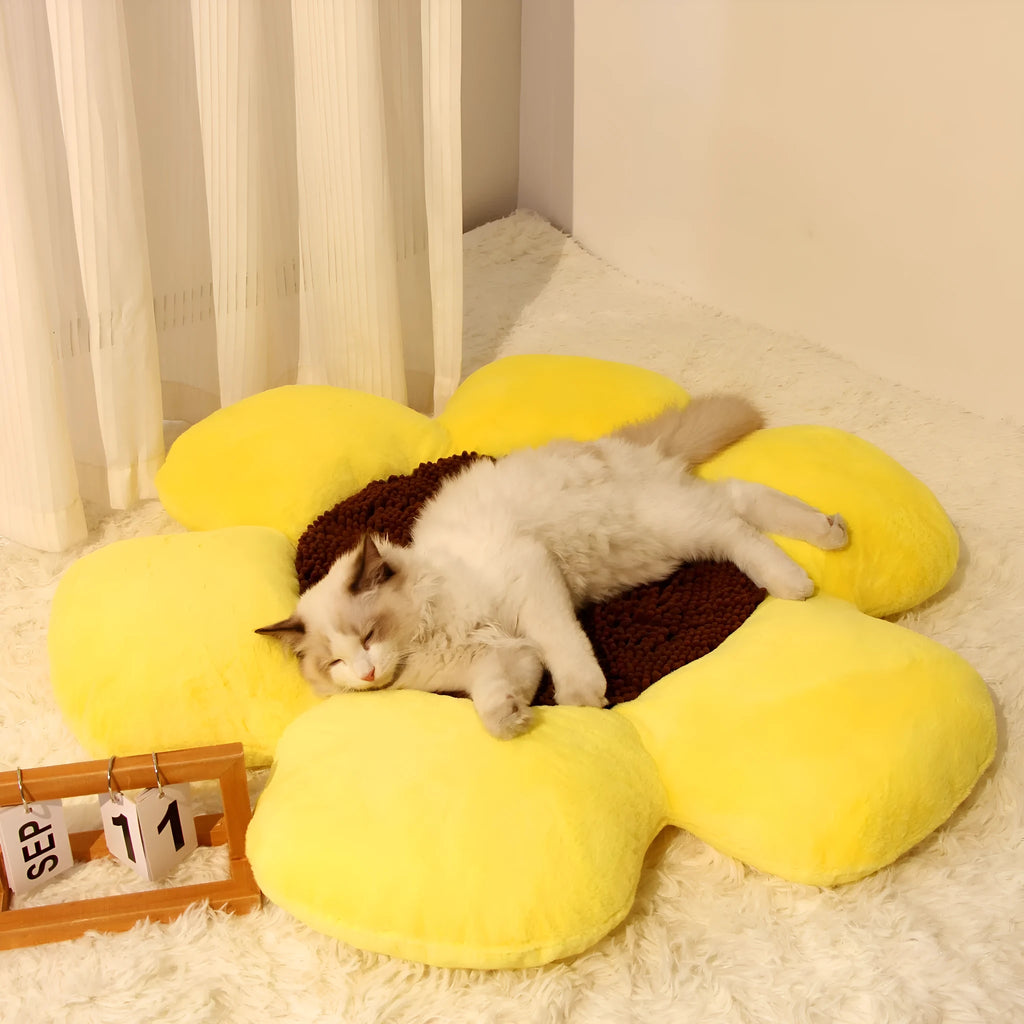 Blue round flower cat nest bed measuring 85cm diameter with plush surface and sponge filling