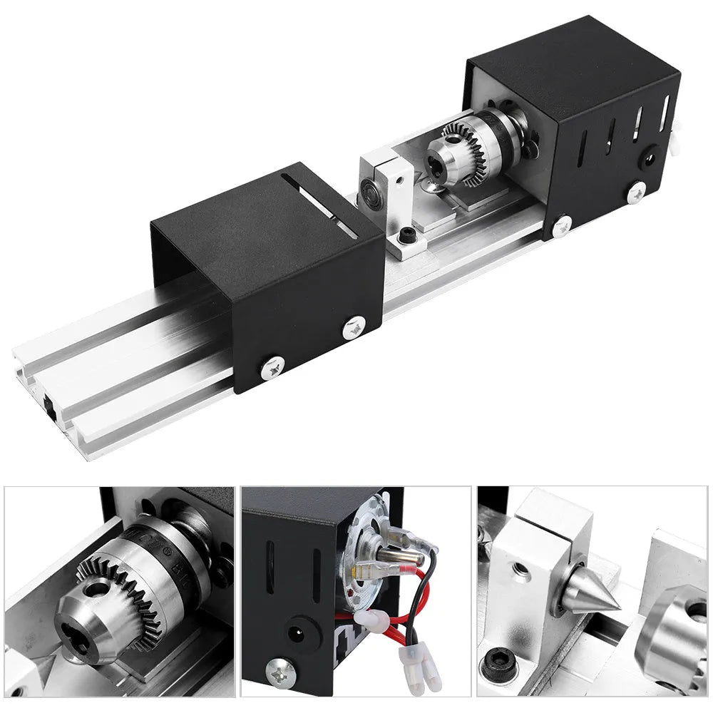 Mini manual woodworking lathe with silver metal construction and six carving knives