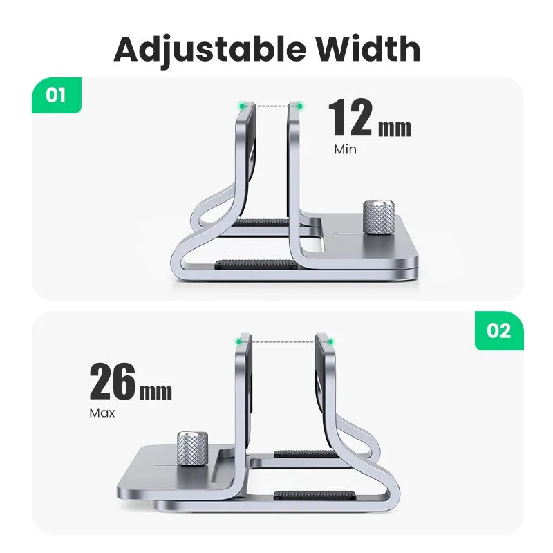 Silver aluminium alloy laptop cooling stand with adjustable width mechanism showing hollow design