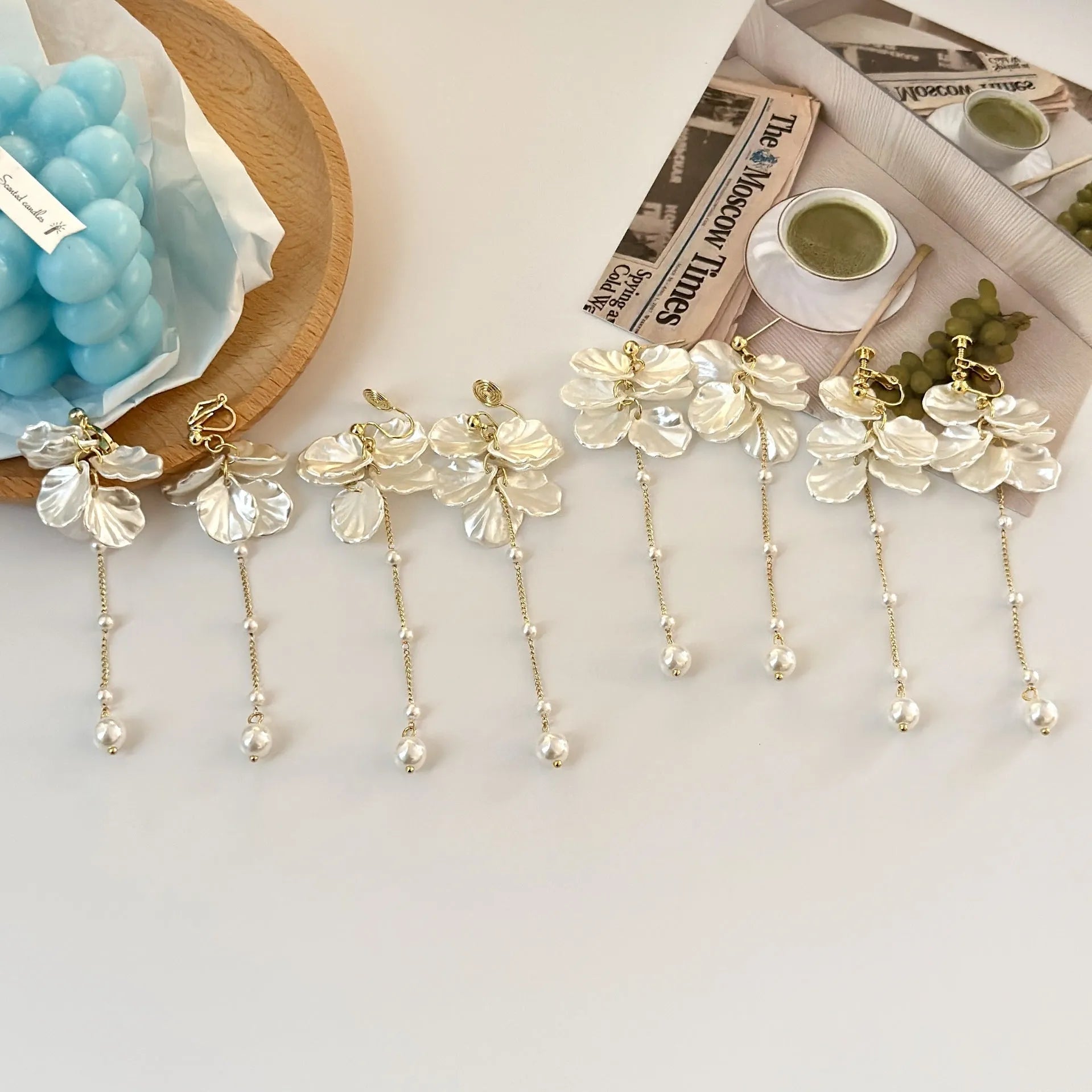 Women's shell pearl and tassel drop earrings with 8.8cm length on acrylic backing