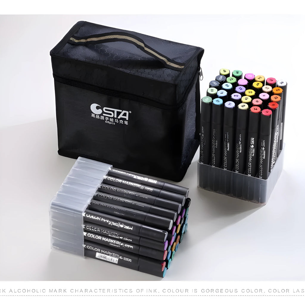Set of double-headed alcohol marker pens with round and chisel tips for professional art and design work.