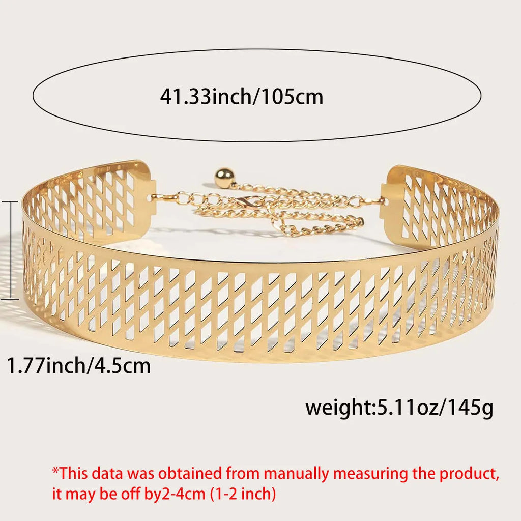 Gold iron waist belt with alloy buckle showing hook fastening and thick 4.5cm width