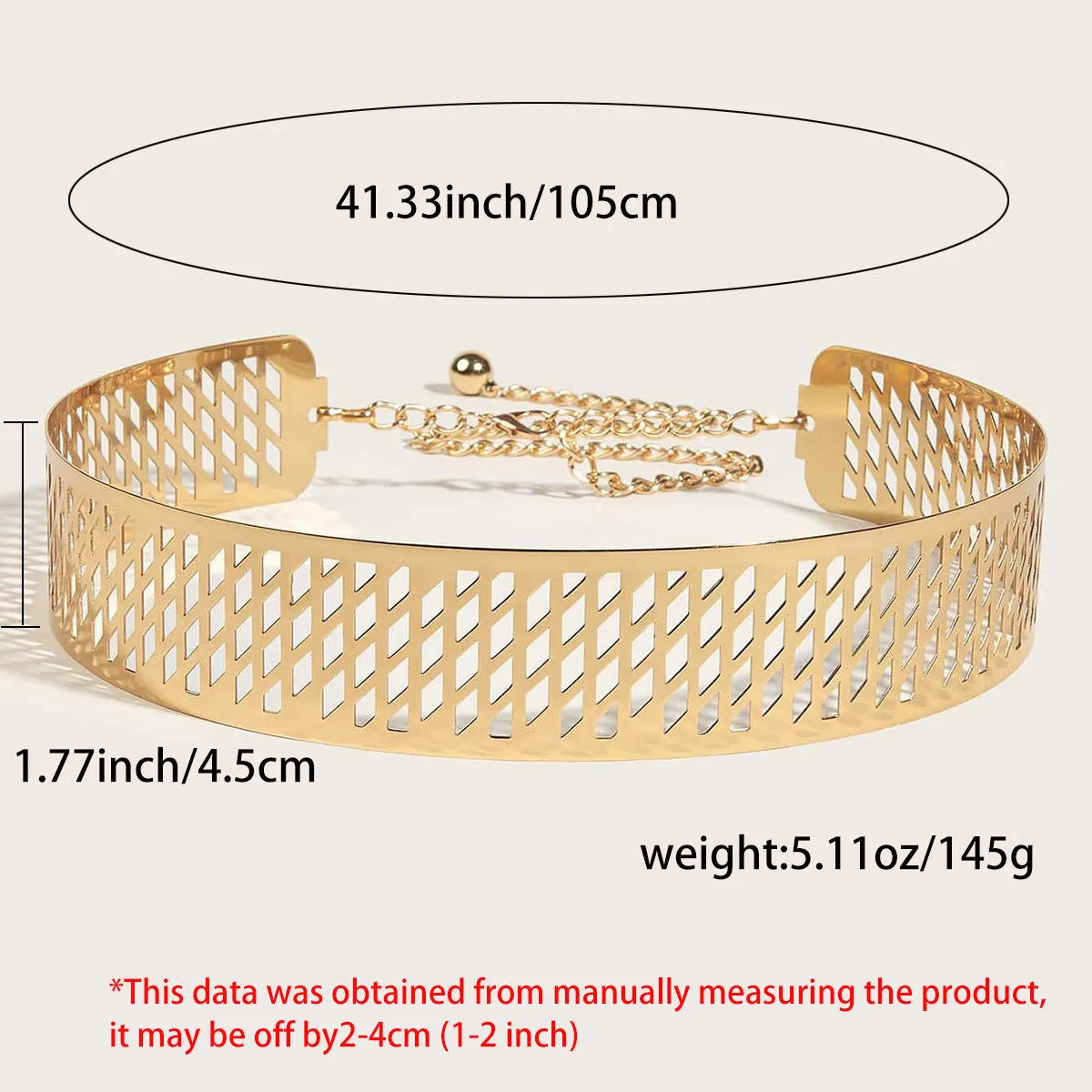 Gold iron waist belt with alloy buckle showing hook fastening and thick 4.5cm width