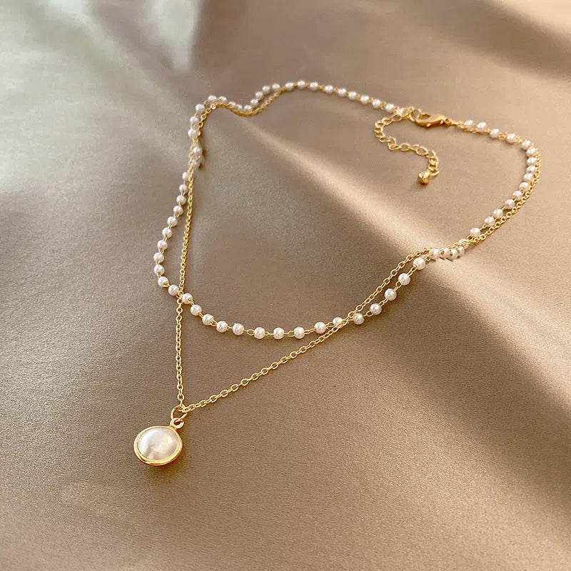 Double-layer pearl necklace with alloy chain and pearl pendant, inner chain 28.5cm, outer chain 40.0cm, extension chain 5.7cm