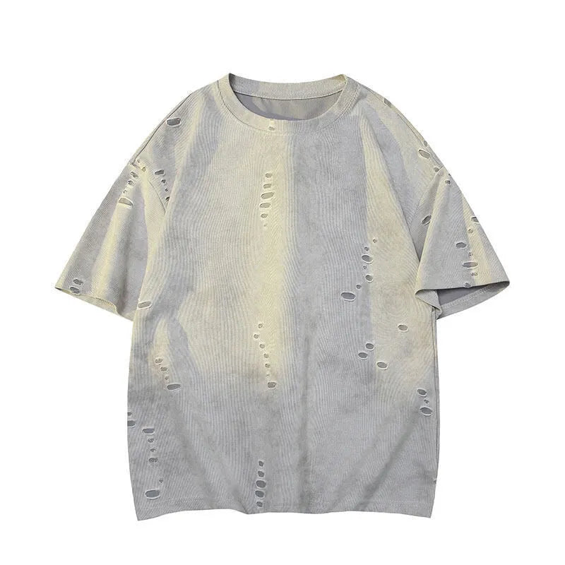 Grey men's loose ripped short sleeve cotton blend t-shirt on a hanger.