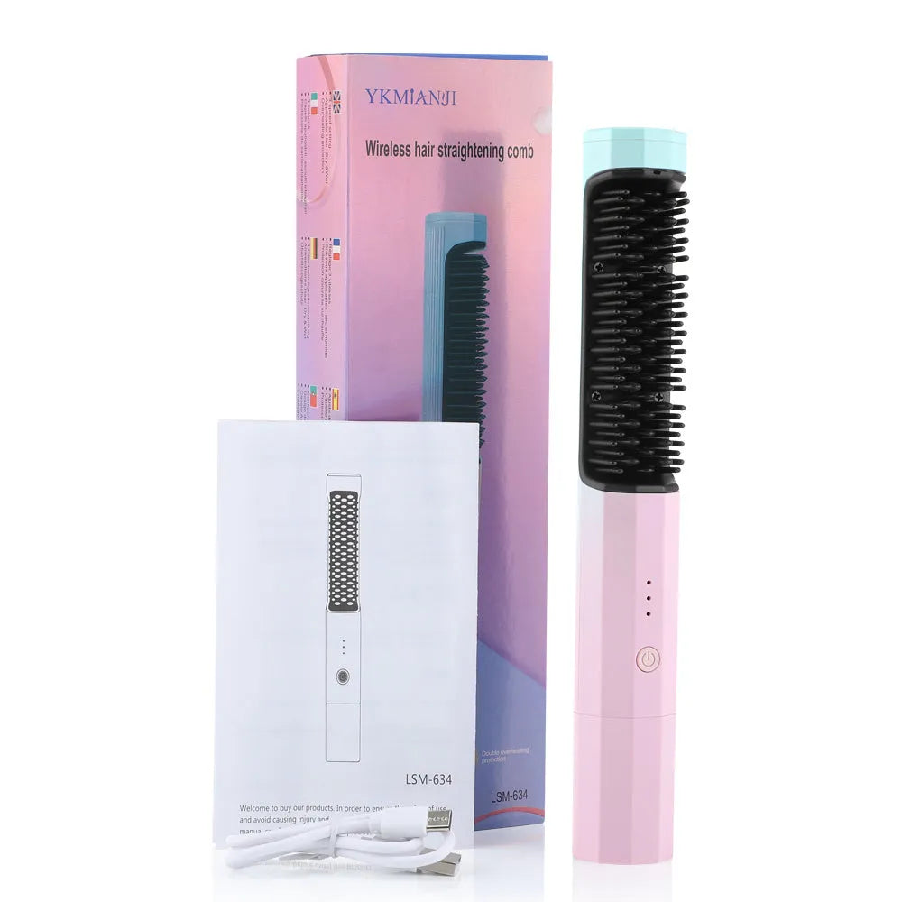 Pink cordless rechargeable straightening comb for hair with USB charging cable
