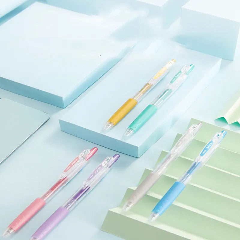 Baiguole gel pens showing metallic, fluorescent, tender, and conventional colour options with 0.5mm tips