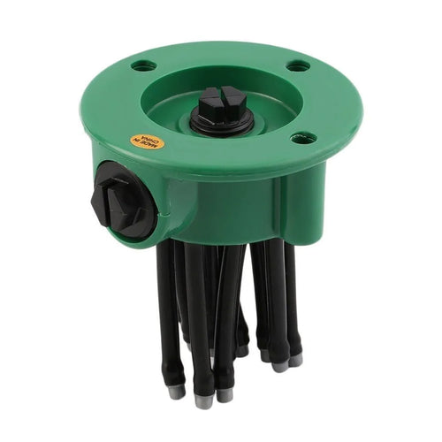 Green adjustable lawn sprinkler with flexible tubes for custom garden watering patterns