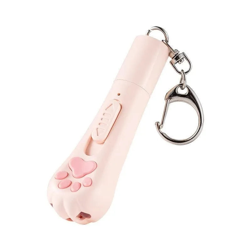 Pink USB-rechargeable cat teaser wand with feather, showing light and vibration functions for interactive play.
