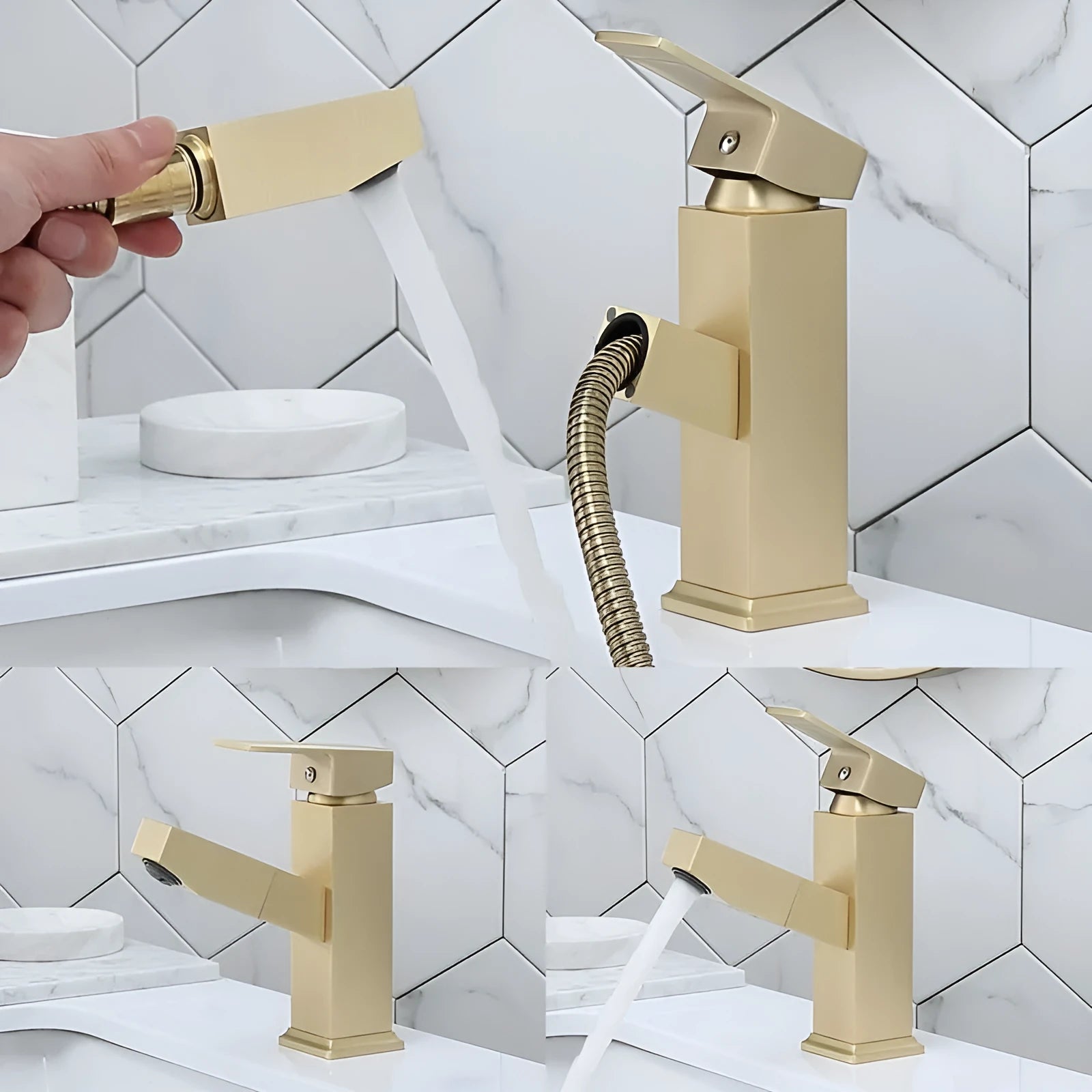 Square pull-action faucet in brushed gold finish for kitchen or bathroom sink.